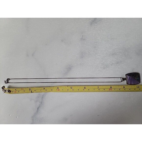 925 Sterling Abalone Shell And Purple Stone Rectangular Pendant Necklace Vintage - Picture 10 of 10